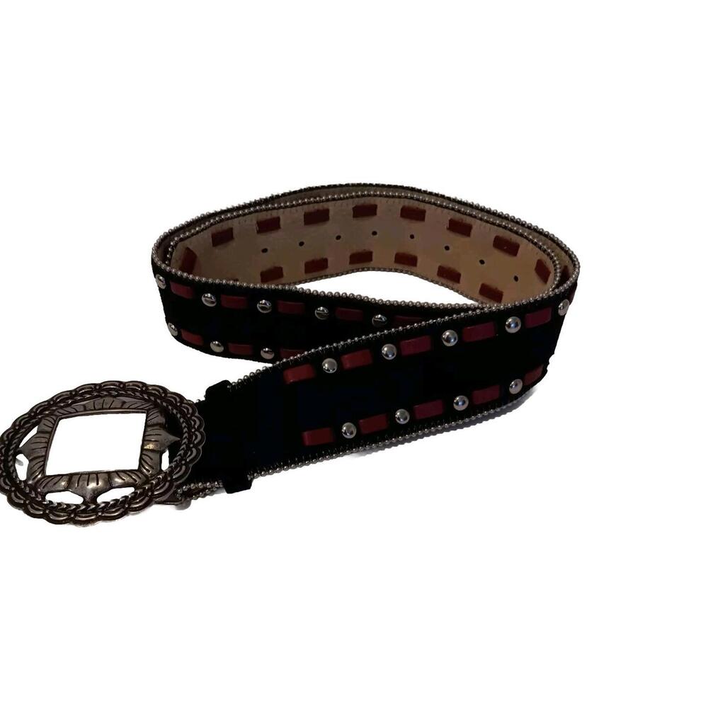 Leather Suede Belt Black Red Beige Embossed Reversible Belt 46"